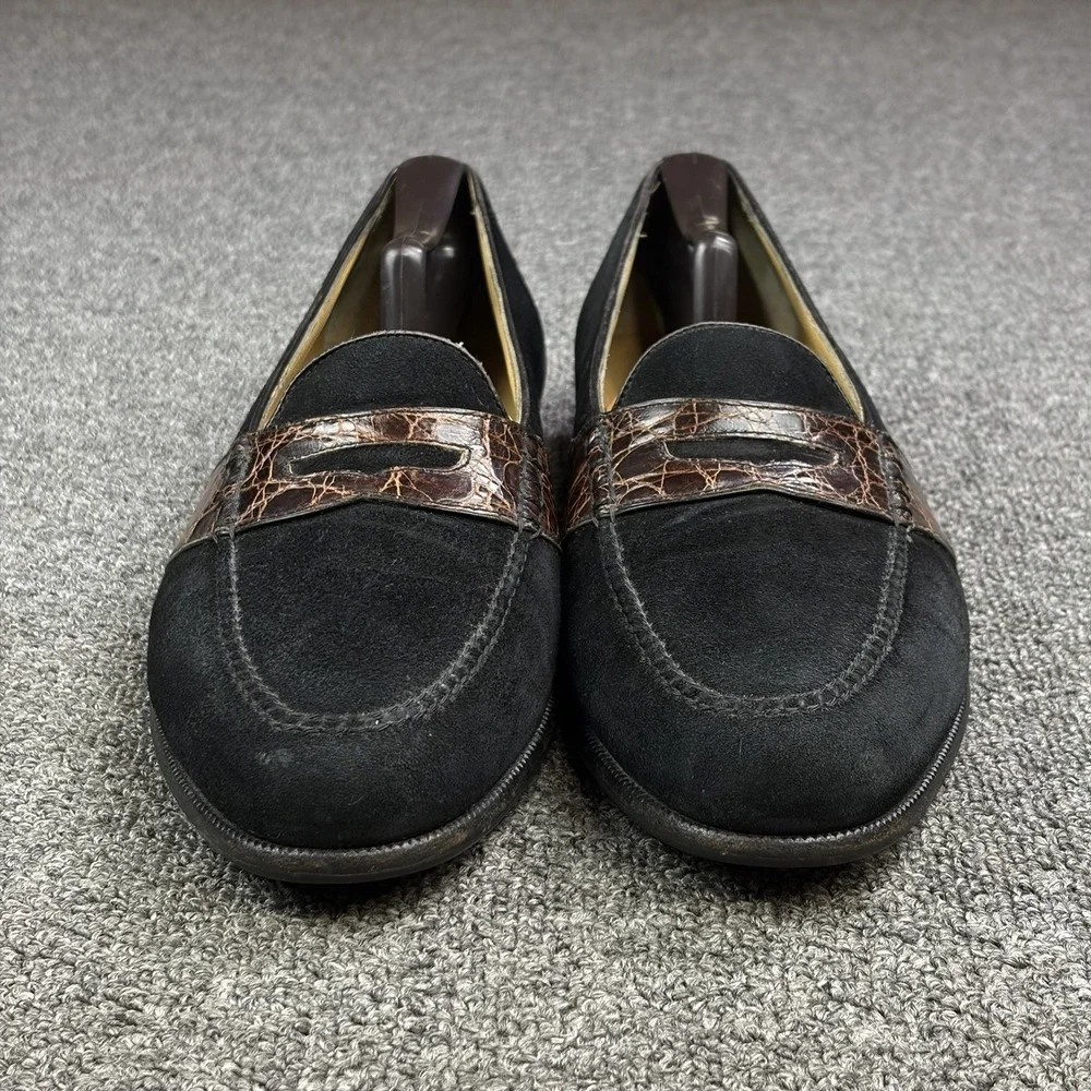 Moreschi Black Suede Penny Loafers Croc Style Strap Vibram Sole Italy Size 10